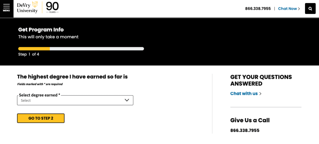Higher Education Website Design Forms: DeVry University