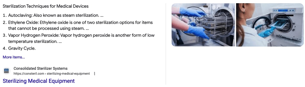 image of an online search result with text and images for sterilization techniques for medical devices