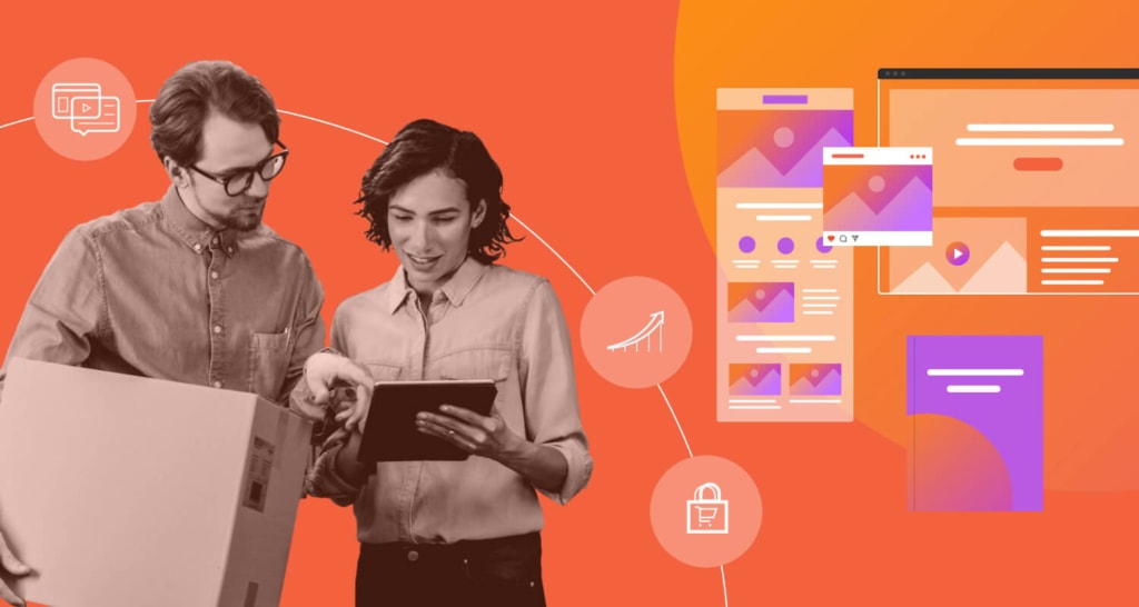 Two people looking at a tablet, with a graphic of digital marketing elements in the background