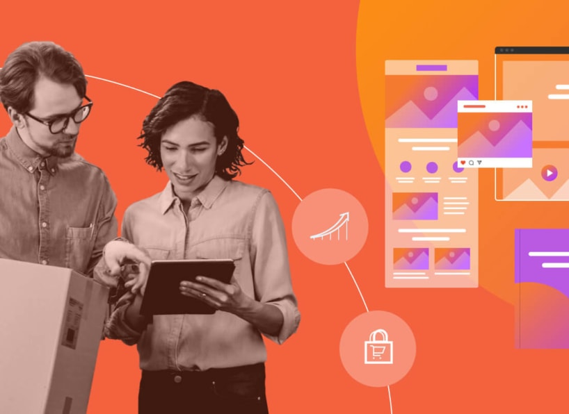 Two people looking at a tablet, with a graphic of digital marketing elements in the background