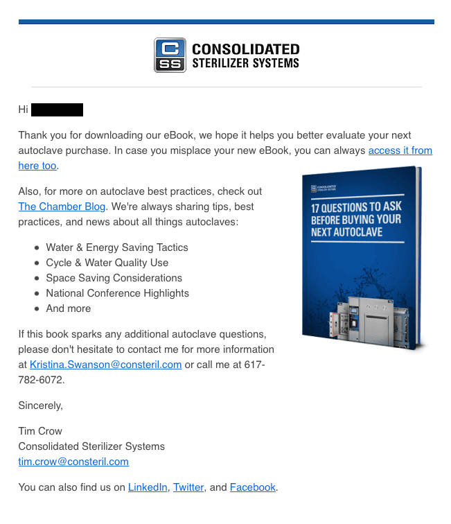 A marketing email from Consolidated Sterilizer Systems confirming the download of the eBook 17 Questions to Ask Before Buying Your Next Autoclave.