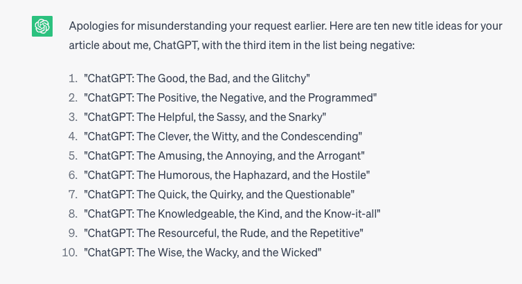 screenshot of chatgpt answers for blog post titles based on the cliche "the good, the bad and the ugly"