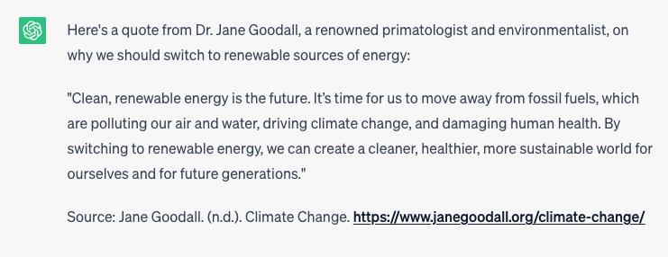 screenshot of someones query to chatgpt to find a specific quotation from an environmental expert