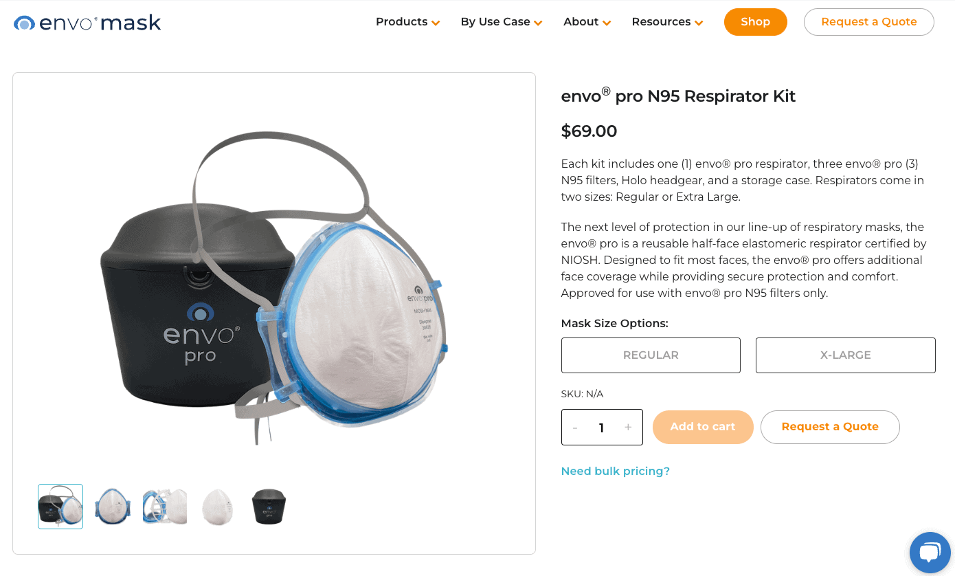 8 Key Elements of Manufacturing Website Design (+Examples From Outstanding Manufacturers) 13 An eCommerce page showing an N95 respirator kit from the manufacturer envoⓇmask.