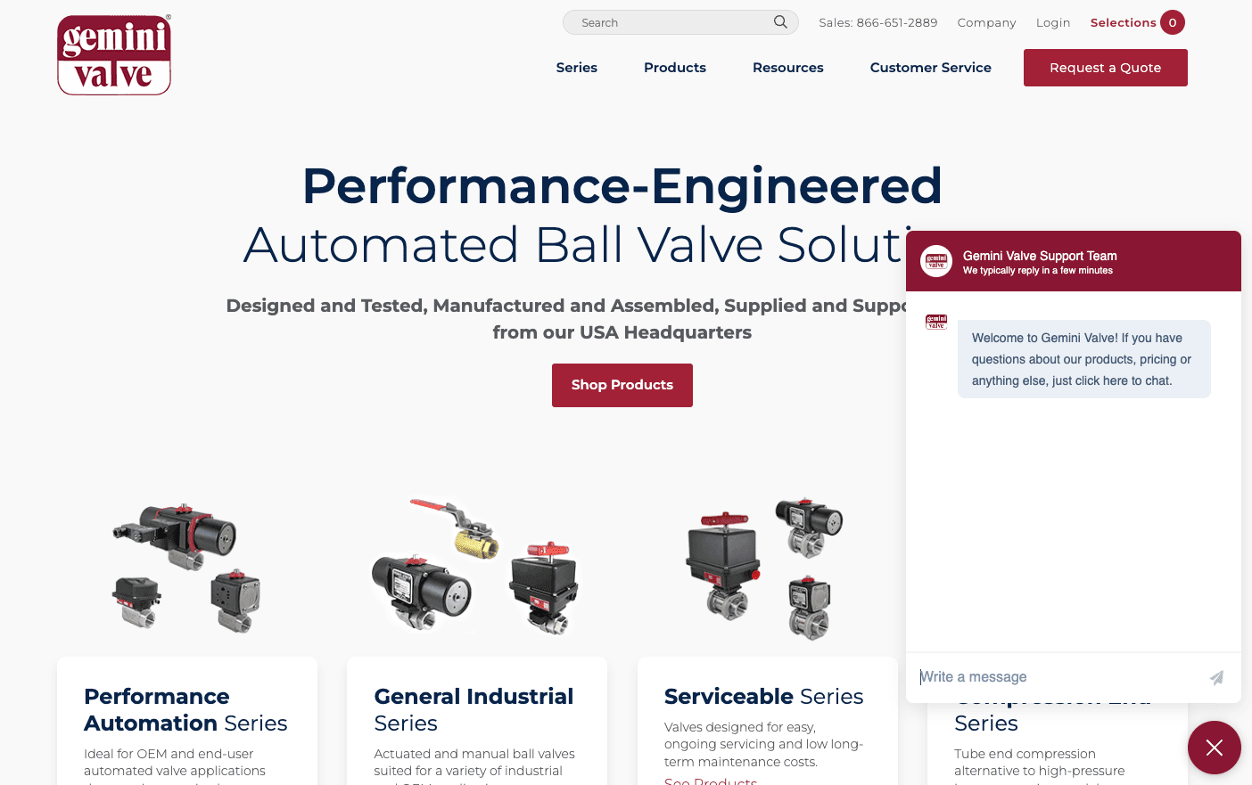 8 Key Elements of Manufacturing Website Design (+Examples From Outstanding Manufacturers) 16 The homepage of Gemini Value, a ball valve supplier, showing photos of ball valve products. A chat window is open in the bottom right.