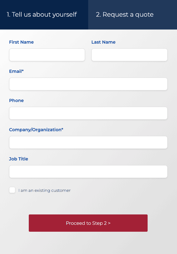 8 Key Elements of Manufacturing Website Design (+Examples From Outstanding Manufacturers) 17 A web form with two tabs labeled “Tell us about yourself” and “Request a Quote”