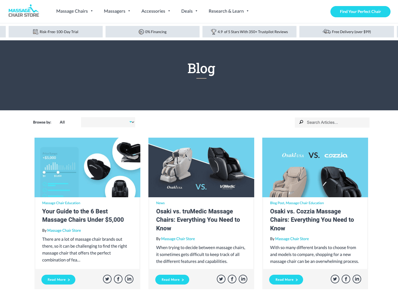8 Key Elements of Manufacturing Website Design (+Examples From Outstanding Manufacturers) 18 The blog landing page for the Massage Chair Store website. There are three square images with blue backgrounds and various photos of massage chairs. Each image has a headline and a short description of a blog post, with a link to read more.