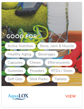 8 Key Elements of Manufacturing Website Design (+Examples From Outstanding Manufacturers) 10 A screenshot of a product detail card for a food ingredient product called AquaLOX. There is an image of running shoes, a water bottle, and light hand weights. Over the image is a small headline that reads, “Good for,” followed by category tags including Active Nutrition, Bone, Joint & Muscle, Healthy Aging, and more.