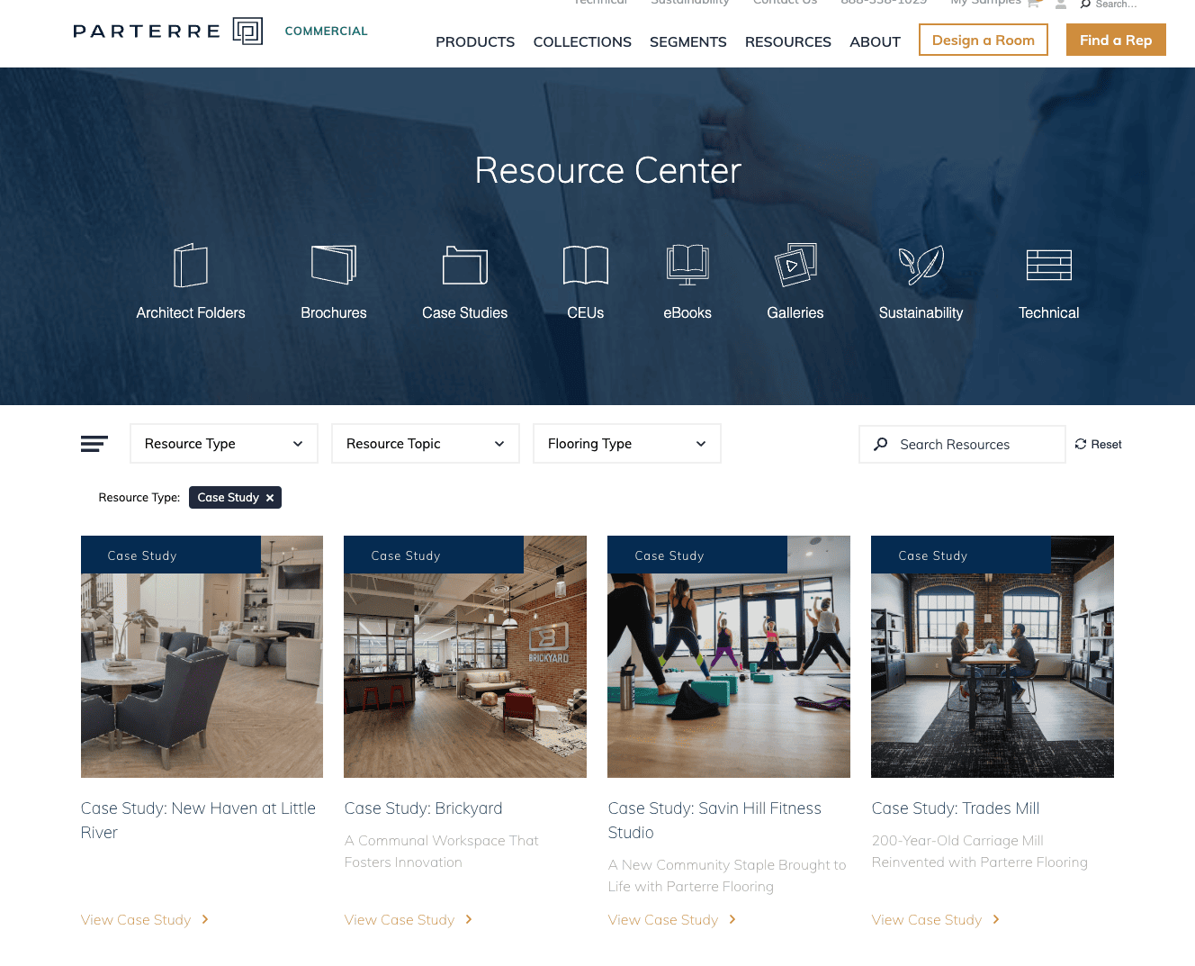 8 Key Elements of Manufacturing Website Design (+Examples From Outstanding Manufacturers) 21 An online resource center for Parterre Commercial Flooring. The resource type “Case Study” is selected. There are four square images of interiors with luxury vinyl tile flooring.