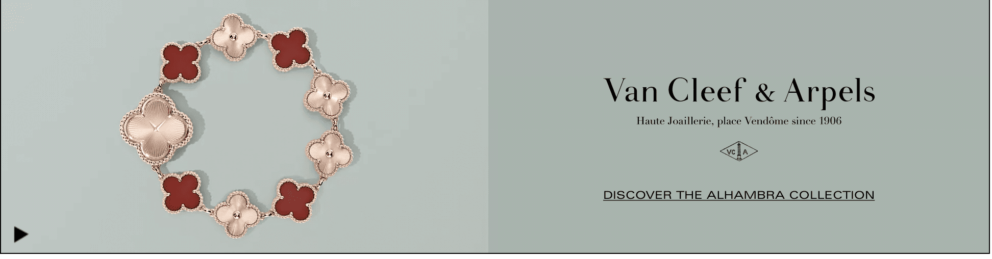 A rectangular Google Display Ad showing a gold and red bracelet on a sage green background. The headline reads: Van Cleef & Arpels.