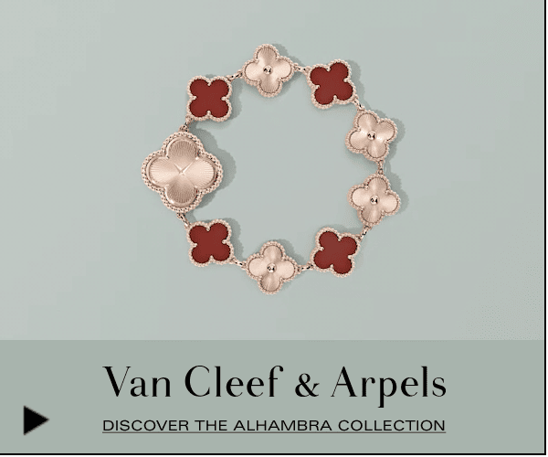 A large square Google Display Ad with a gold and red bracelet on a sage green background. The headline reads: Van Cleef & Arpels.