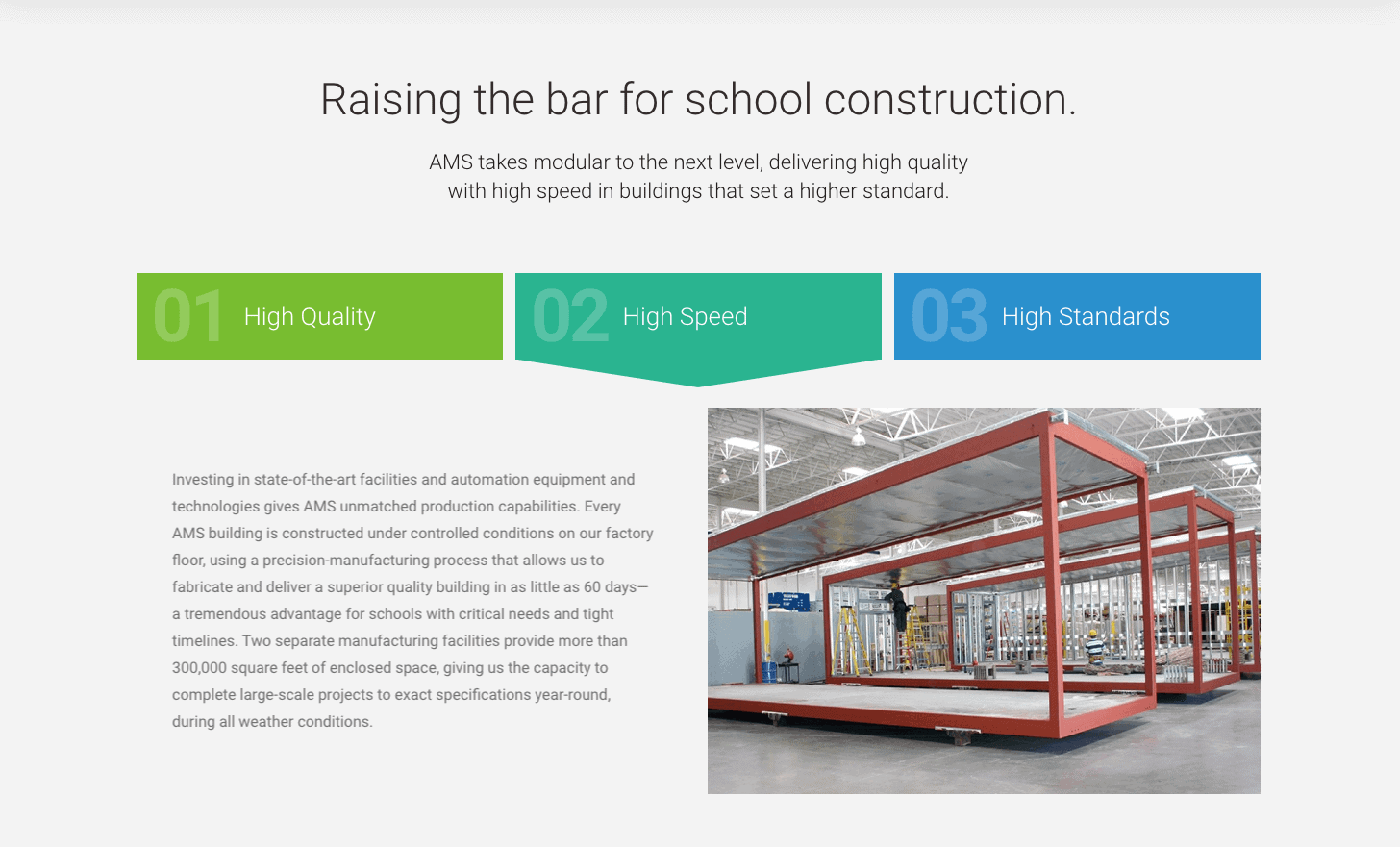 8 Key Elements of Manufacturing Website Design (+Examples From Outstanding Manufacturers) 4 An image of a manufacturing website with the headline “Raising the bar for school construction and three areas of content labeled “High Quality,” “High Speed,” and “High Standards.”