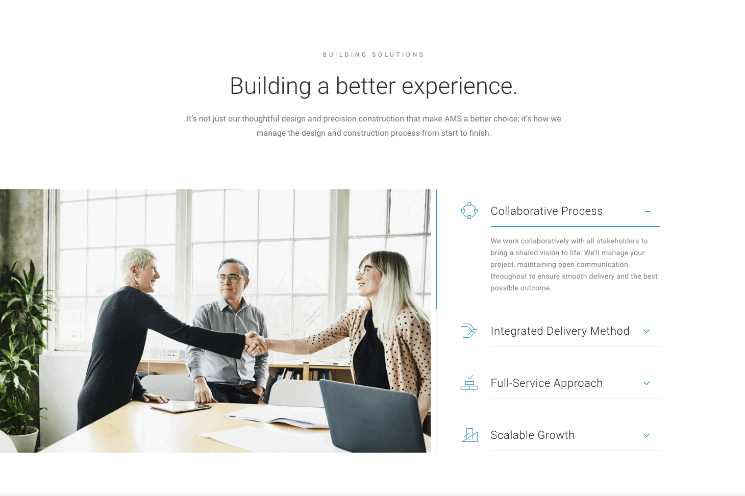 8 Key Elements of Manufacturing Website Design (+Examples From Outstanding Manufacturers) 5 An image of a manufacturing website with the headline “Building a better experience,” and four content areas labeled “Collaborative Process,” “Integrated Delivery System,” “Full-Service Approach,” and “Scalable Growth.”