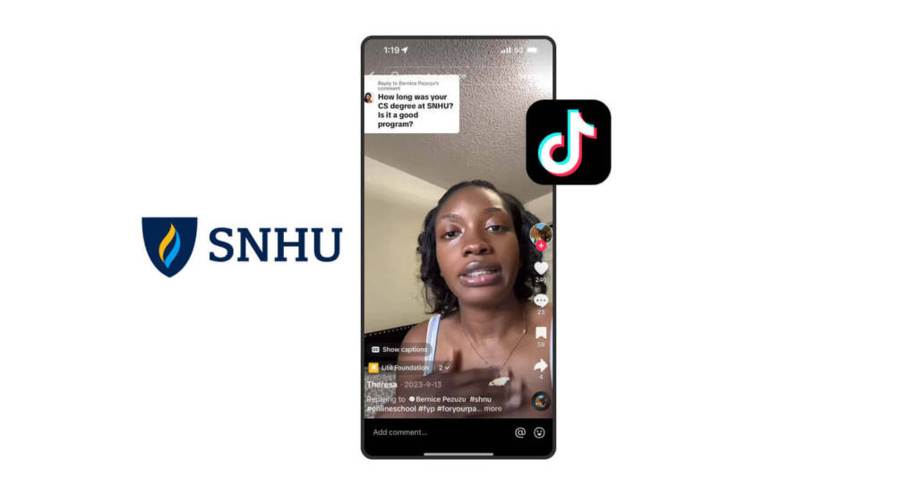 A screenshot of a TikTok video showing a Black woman responding to a follower’s comment asking about her experience as an SNHU student.