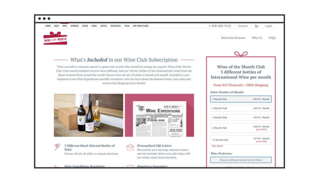 CRO Tips for eCommerce Websites: 20 Tips to Enhance Growth & Boost Sales Draft 3 Clubs-of-America-Wine-of-the-Month-Club-Section-on-Website.