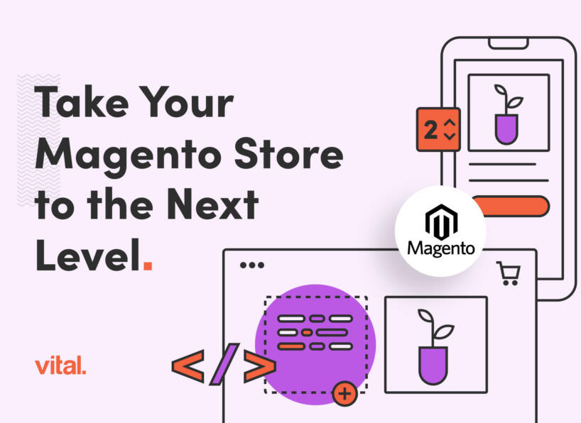 Enhancing Your Magento Store With Custom Development 2 purple graphic of a web page on a mobile phone with text overlay "take your magento store to the next level"