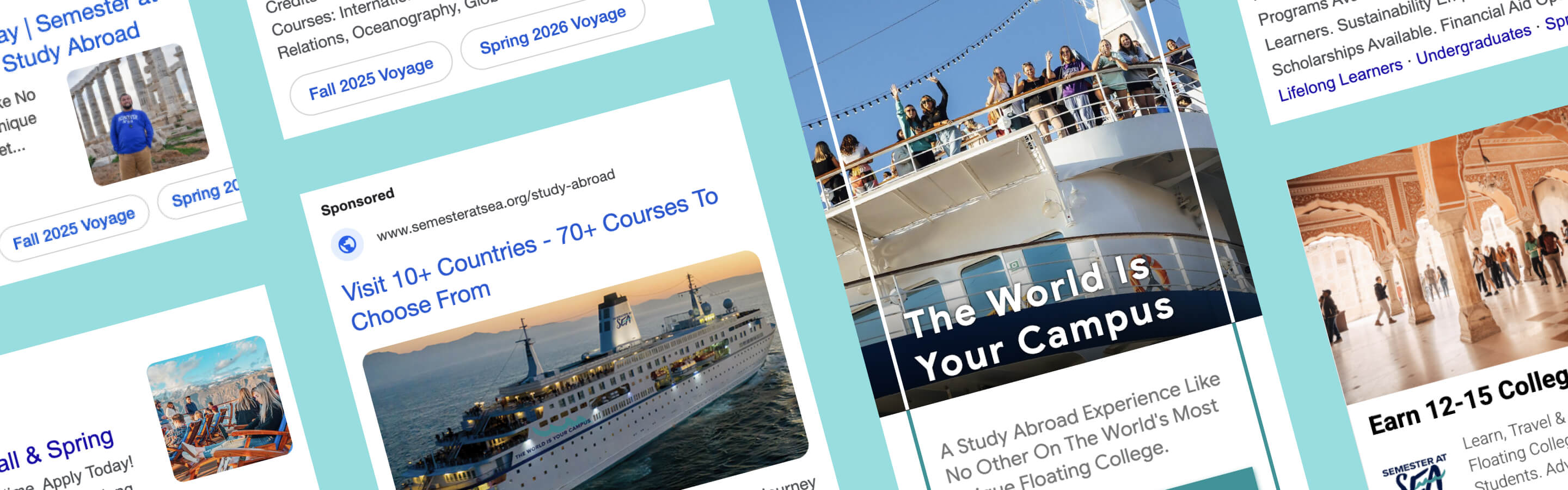 Screenshots of Pay Per Click ads for Semester at Sea